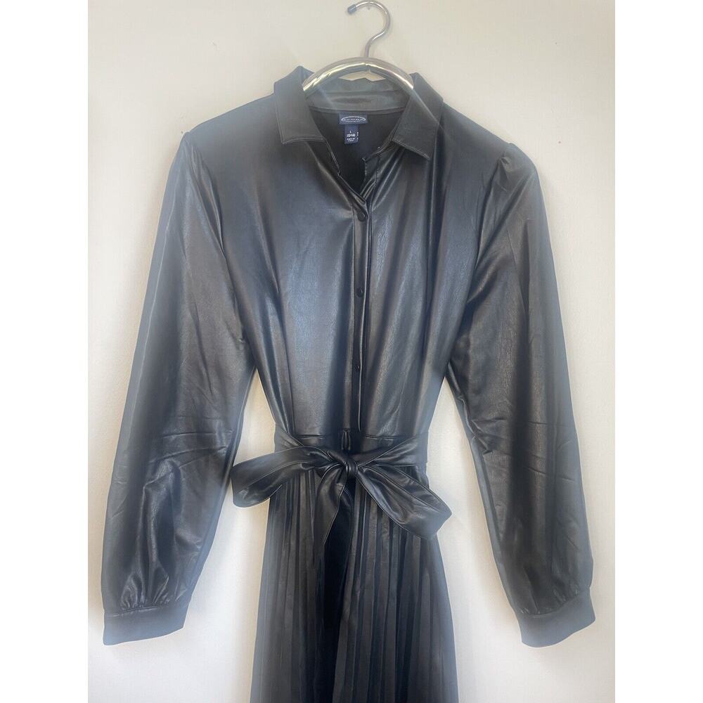 Black Faux Leather Shirt Dress Pleated Midi Dress Belted Size Large